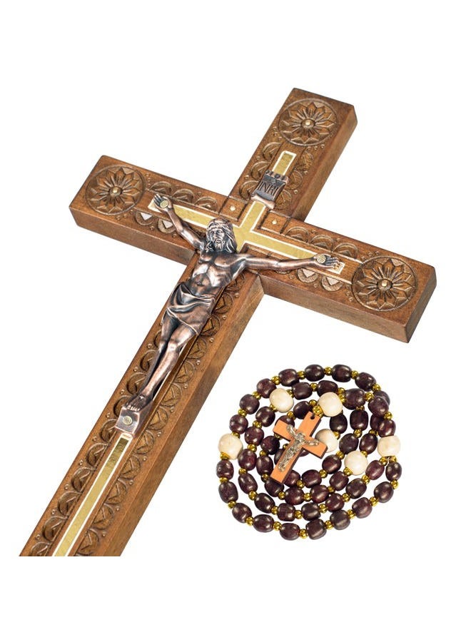 Asterom Hand Carved Crucifix Wall Cross for Home Decor - Wooden Catholic Wall Crucifix - 12 Inch - Image 1