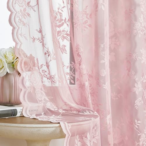 SEEKRIGHT Light Pink Lace Curtains 84 Inches Long 2 Panels Romantic Flower Sheer Curtains for Living Room Bedroom Cute Decor Rod Pocket Light Filtering Lace Window Curtains for Kids Girls Nursery Room, 52x84 - Image 1