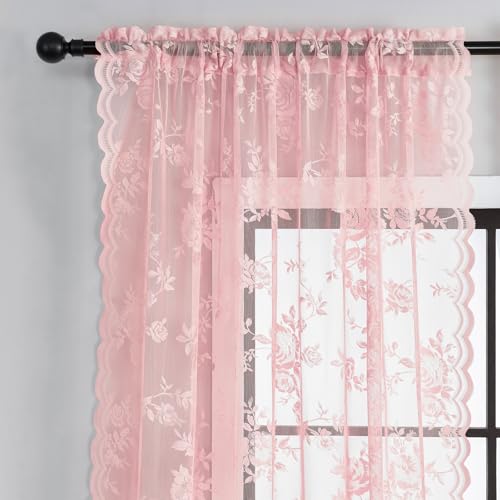 SEEKRIGHT Light Pink Lace Curtains 84 Inches Long 2 Panels Romantic Flower Sheer Curtains for Living Room Bedroom Cute Decor Rod Pocket Light Filtering Lace Window Curtains for Kids Girls Nursery Room, 52x84 - Image 4