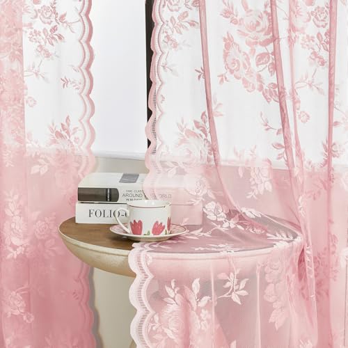 SEEKRIGHT Light Pink Lace Curtains 84 Inches Long 2 Panels Romantic Flower Sheer Curtains for Living Room Bedroom Cute Decor Rod Pocket Light Filtering Lace Window Curtains for Kids Girls Nursery Room, 52x84 - Image 3