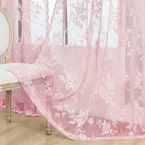 SEEKRIGHT Light Pink Lace Curtains 84 Inches Long 2 Panels Romantic Flower Sheer Curtains for Living Room Bedroom Cute Decor Rod Pocket Light Filtering Lace Window Curtains for Kids Girls Nursery Room, 52x84 - Image 5