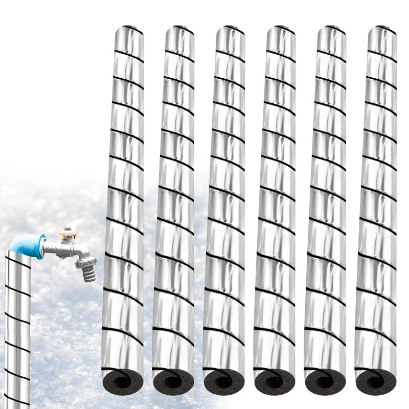 Frienda 6 Pcs Pipe Insulation Foam Tube, 12 & 15 Inches Spiral Cut Aluminum Foil Foam Protection Wrap, Waterproof Pipe Covers for Outdoor Pipes, Bends & Irregular Handles, 1/2'' ID(12 Inches Long) - Image 1