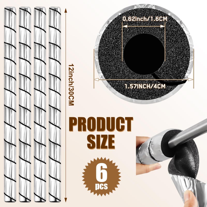 Frienda 6 Pcs Pipe Insulation Foam Tube, 12 & 15 Inches Spiral Cut Aluminum Foil Foam Protection Wrap, Waterproof Pipe Covers for Outdoor Pipes, Bends & Irregular Handles, 1/2'' ID(12 Inches Long) - Image 2