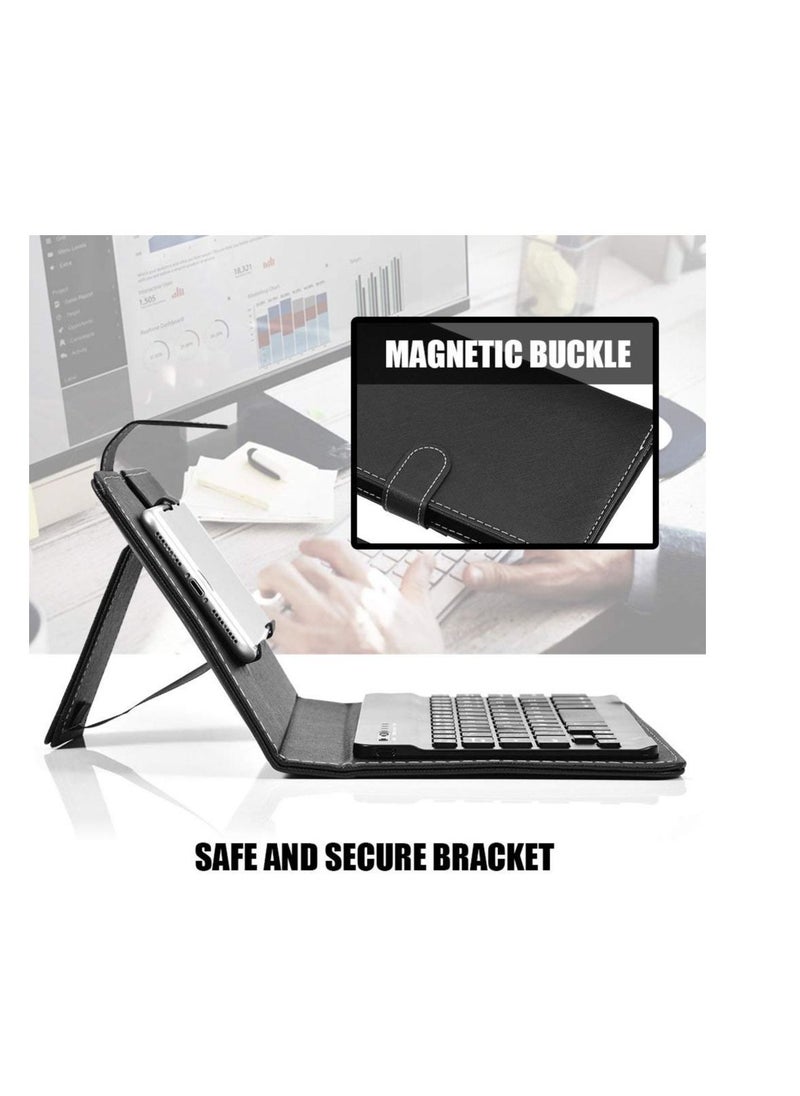 Portable Wireless Bluetooth Keyboard with Leather Case Mini Universal Stand Cover for 4.5'' 6.8'' iOS Android and Windows Smart Phones Black