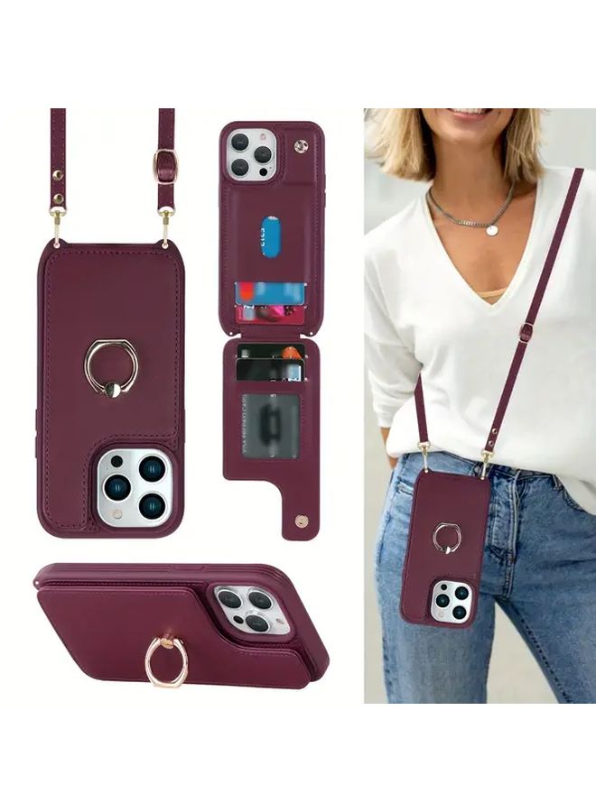 Dark Gray RFID Blocking Crossbody Wallet Case With Ring Stand For IPhone 13 Mini - Image 5