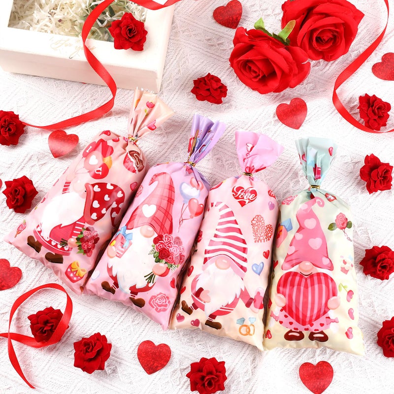 ldyllicStyle Valentines Treat Bags, 100 PCS Valentine Cellophane Goodie Candy Cookie Gift Bag, Valentine's Day Plastic Goody Snack Bags with Twist Ties for Gifts Wrap Holiday Party Favors 11 x 4.8 Inch (4 Styles) - Image 4