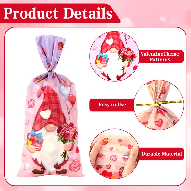 ldyllicStyle Valentines Treat Bags, 100 PCS Valentine Cellophane Goodie Candy Cookie Gift Bag, Valentine's Day Plastic Goody Snack Bags with Twist Ties for Gifts Wrap Holiday Party Favors 11 x 4.8 Inch (4 Styles) - Image 3