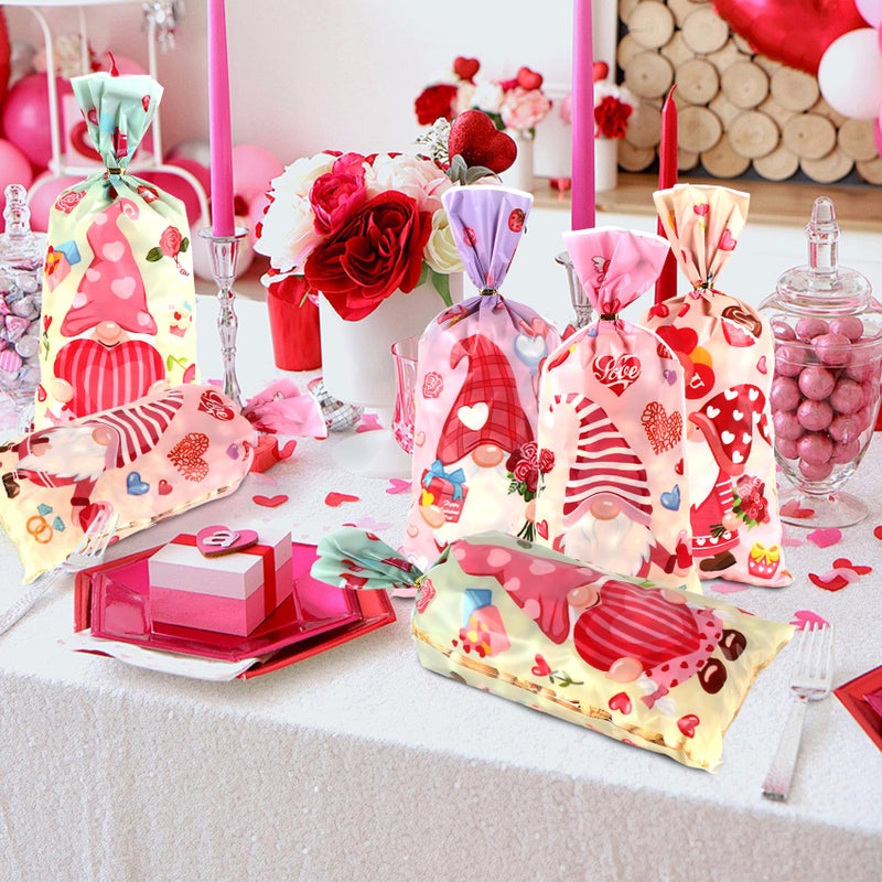 ldyllicStyle Valentines Treat Bags, 100 PCS Valentine Cellophane Goodie Candy Cookie Gift Bag, Valentine's Day Plastic Goody Snack Bags with Twist Ties for Gifts Wrap Holiday Party Favors 11 x 4.8 Inch (4 Styles) - Image 5