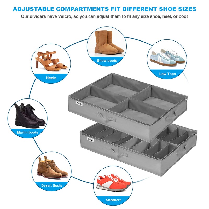 INAYA Under Bed Shoe Storage Organizer Set of 2, Fits 16+4 Pairs Boots Total, Underbed Shoe Box Storage Containers w/ Reinforced Handles, Clear Foldable Shoes Organizer Adjustable Dividers w/ Bottom Support - Image 3