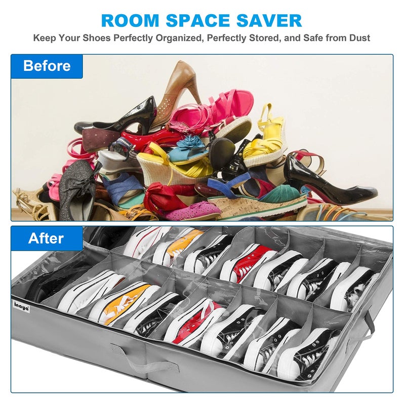 INAYA Under Bed Shoe Storage Organizer Set of 2, Fits 16+4 Pairs Boots Total, Underbed Shoe Box Storage Containers w/ Reinforced Handles, Clear Foldable Shoes Organizer Adjustable Dividers w/ Bottom Support - Image 5