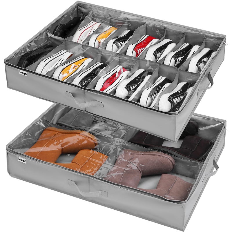 INAYA Under Bed Shoe Storage Organizer Set of 2, Fits 16+4 Pairs Boots Total, Underbed Shoe Box Storage Containers w/ Reinforced Handles, Clear Foldable Shoes Organizer Adjustable Dividers w/ Bottom Support - Image 1