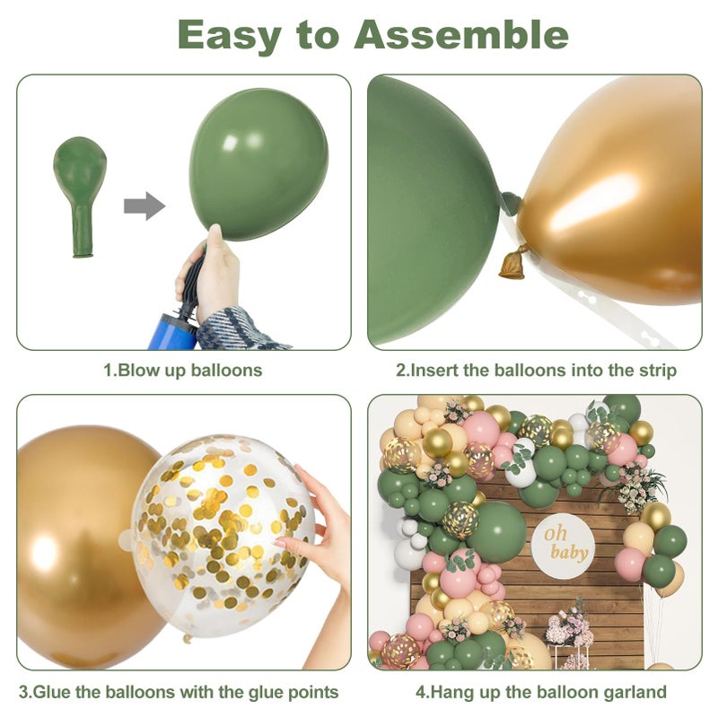 Amandir 166Pcs Sage Green Balloon Garland Arch Kit Olive Green Blush Peach White Gold Balloons Artificial Eucalyptus Stems Jungle Safari Baby Shower Birthday Party Baptism Decorations - Image 4