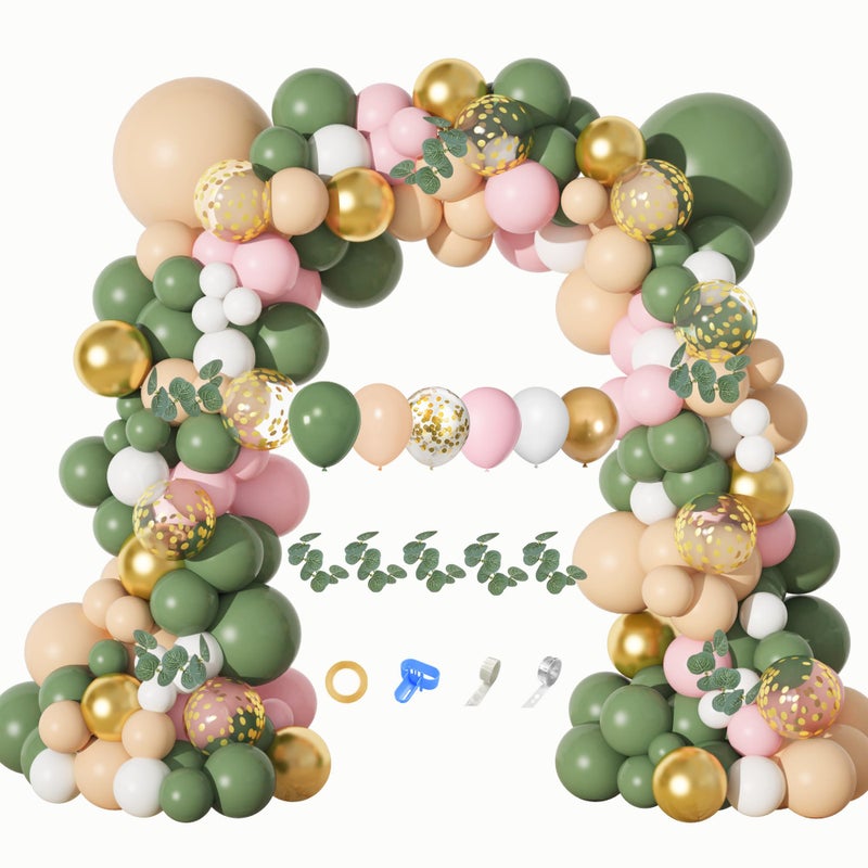 Amandir 166Pcs Sage Green Balloon Garland Arch Kit Olive Green Blush Peach White Gold Balloons Artificial Eucalyptus Stems Jungle Safari Baby Shower Birthday Party Baptism Decorations - Image 1