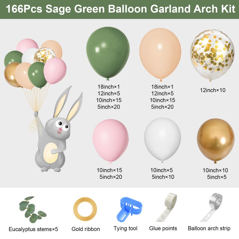 Amandir 166Pcs Sage Green Balloon Garland Arch Kit Olive Green Blush Peach White Gold Balloons Artificial Eucalyptus Stems Jungle Safari Baby Shower Birthday Party Baptism Decorations - Image 2