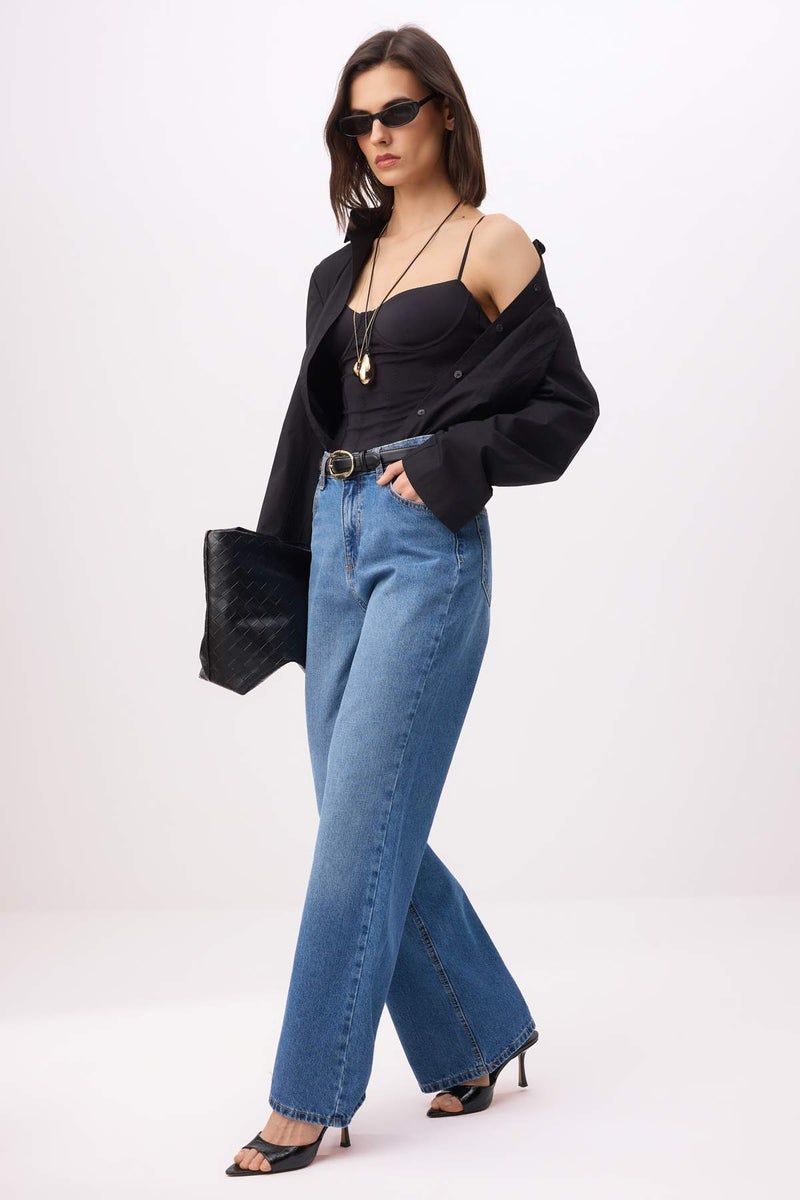 trendyol Dark Blue High Waist 100% Cotton Wide Leg Jeans Twoss26Je00204 - Image 2