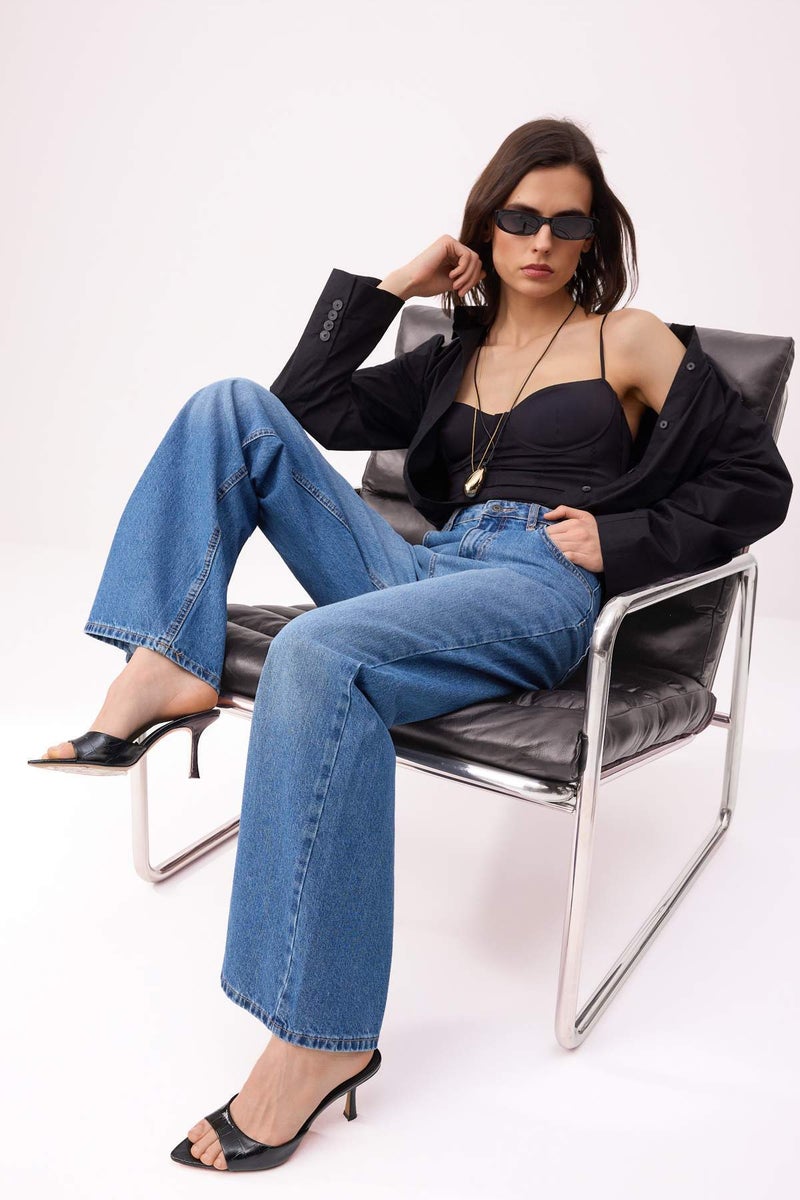 trendyol Dark Blue High Waist 100% Cotton Wide Leg Jeans Twoss26Je00204 - Image 1