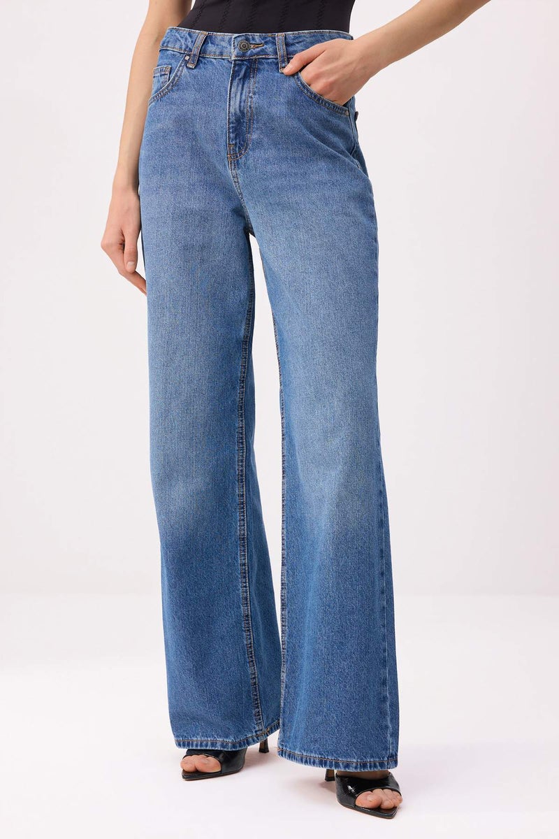 trendyol Dark Blue High Waist 100% Cotton Wide Leg Jeans Twoss26Je00204 - Image 3