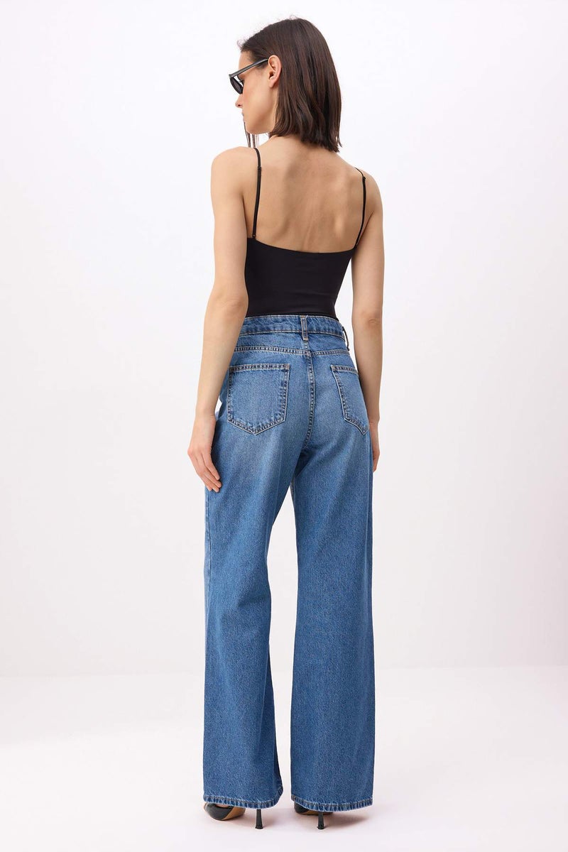 trendyol Dark Blue High Waist 100% Cotton Wide Leg Jeans Twoss26Je00204 - Image 4