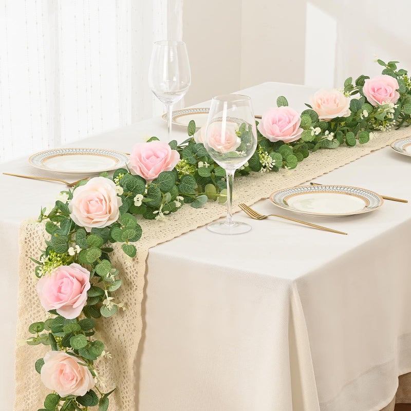 Dolicer 2Pcs 13Ft Artificial Eucalyptus Garlands with Flowers - 8 Roses  Faux Floral Greenery Garlands Fake Flowers Vines for Wedding Table Centerpieces Arch Party Ceremony Backdrop Decor (Pink) - Image 2