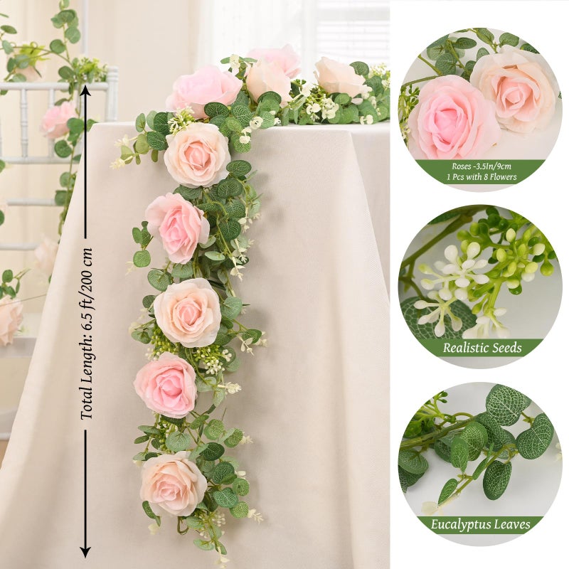 Dolicer 2Pcs 13Ft Artificial Eucalyptus Garlands with Flowers - 8 Roses  Faux Floral Greenery Garlands Fake Flowers Vines for Wedding Table Centerpieces Arch Party Ceremony Backdrop Decor (Pink) - Image 5