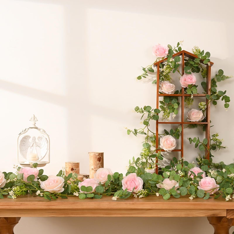 Dolicer 2Pcs 13Ft Artificial Eucalyptus Garlands with Flowers - 8 Roses  Faux Floral Greenery Garlands Fake Flowers Vines for Wedding Table Centerpieces Arch Party Ceremony Backdrop Decor (Pink) - Image 4