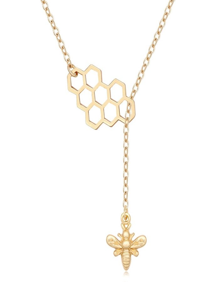 MANZHEN Geometric Bee Hive with Honey Bee Lariat Y Necklace (gold) - Image 1