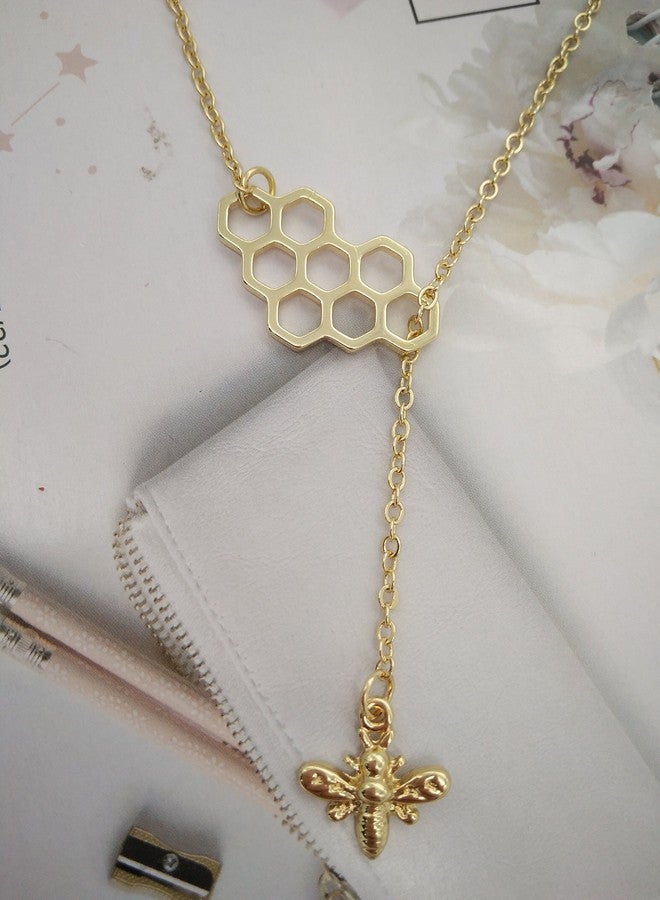 MANZHEN Geometric Bee Hive with Honey Bee Lariat Y Necklace (gold) - Image 3