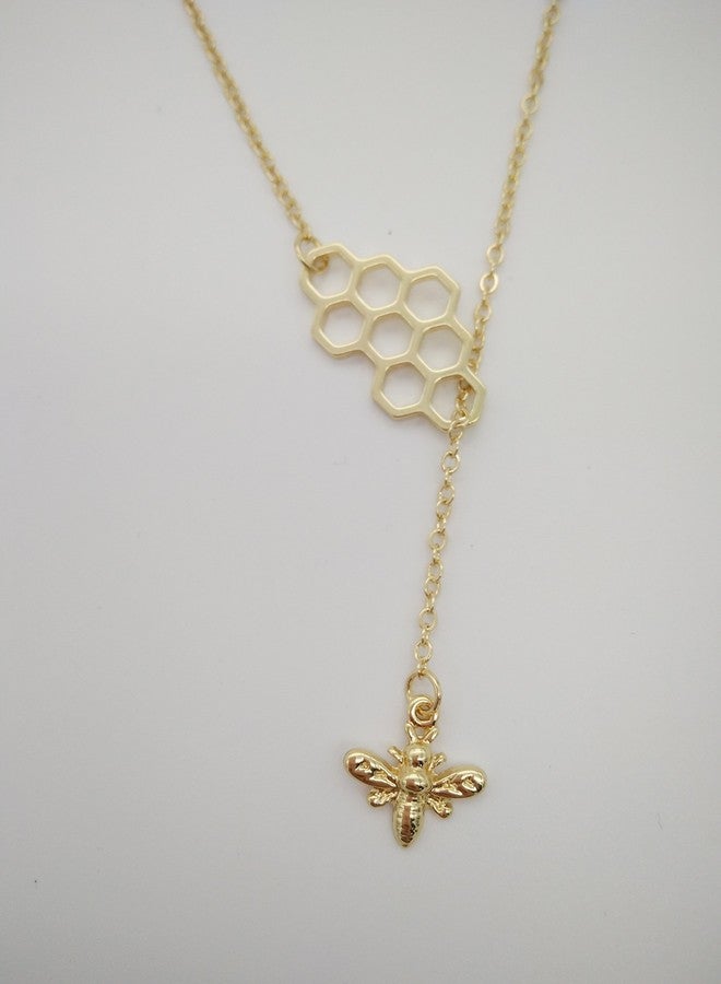 MANZHEN Geometric Bee Hive with Honey Bee Lariat Y Necklace (gold) - Image 2
