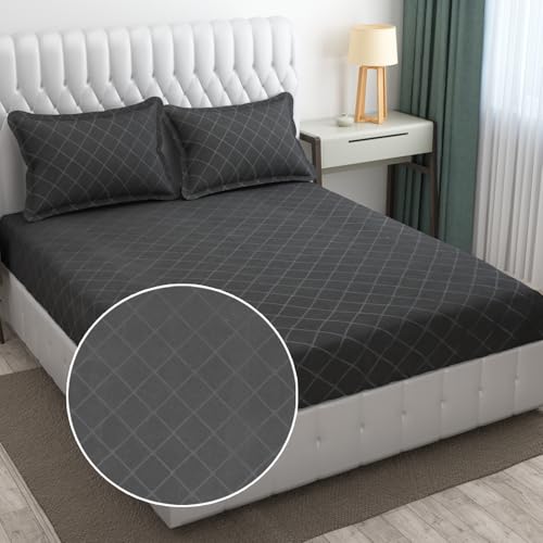FRESH FROM LOOM Microfiber King Size Double Geometric Bedsheet - Hypoallergenic Wrinkle Free Bed Sheets with 2 Pillow Covers (Barfi Design, 90 x 95 Inches | Grey), 144 TC - Image 1