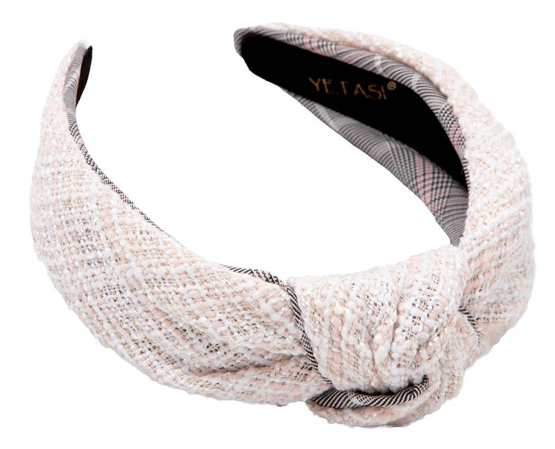 YETASI Tweed Off White Knotted Headband for Women with Hints of Pink and Gold Threading is Unique White Headbands for Women with Knot Head band