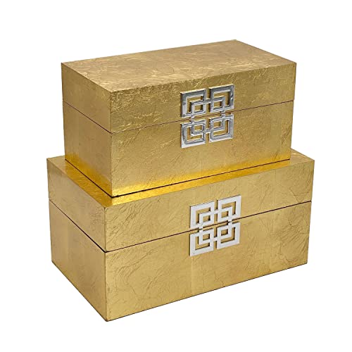 Galt International Storage Box Set Decorative Storage Box wHinged Lid Classic Design Wood Decor Boxes with Geometric Clasp Storage for Bedroom Home Set of 2 Gold Leaf