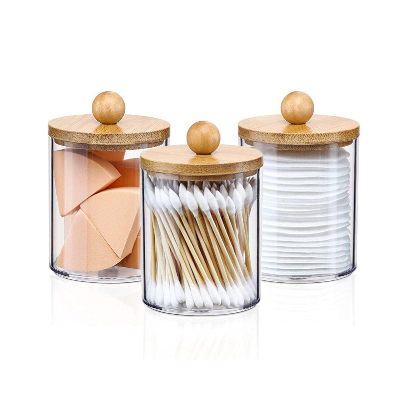 DIYOHFE 3PC Acrylic Qtip Dispensers Holders With Wood lid, Clear Bathroom Round Countertop Storage Organizer Canister for Cotton Balls,Swabs,Pads,Bath Salts ,Makeup Sponges,Tooth Floss - Image 1