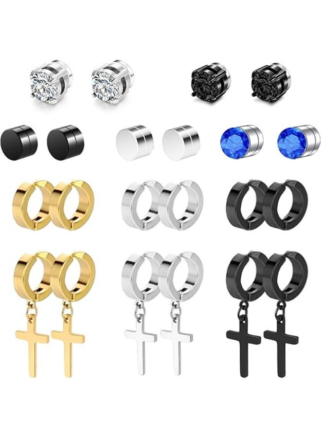 Magnetic Earrings for Men Studs, 11 Pairs Clip On Earrings for Men Studs, Non Pierced Earrings for Men, Fake Earrings Men, Black Cross Hoop Dangle Earrings for Men Women - Image 1