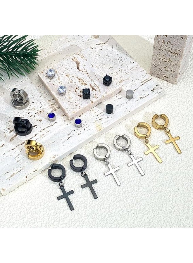 Magnetic Earrings for Men Studs, 11 Pairs Clip On Earrings for Men Studs, Non Pierced Earrings for Men, Fake Earrings Men, Black Cross Hoop Dangle Earrings for Men Women - Image 2