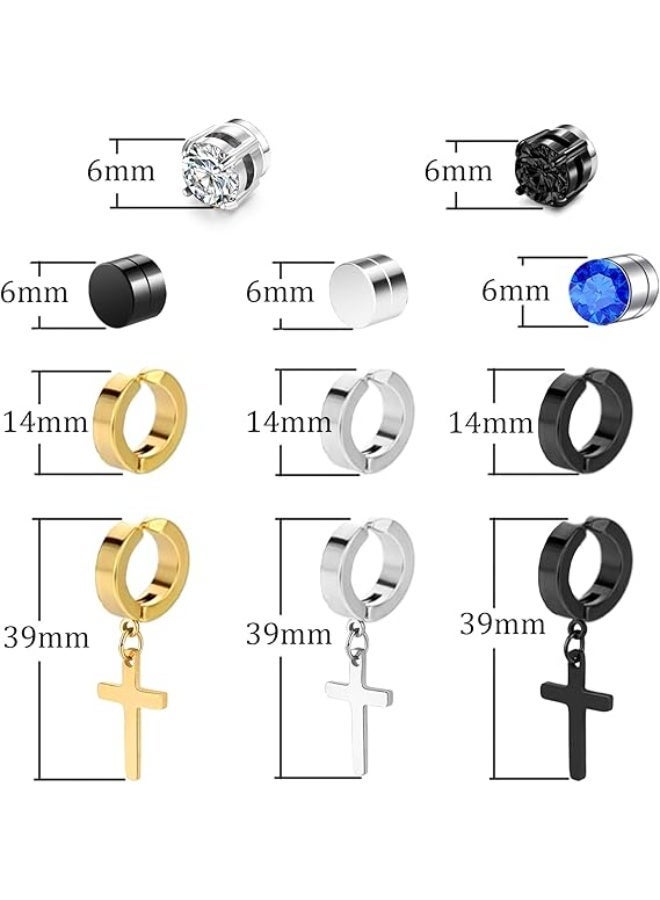 Magnetic Earrings for Men Studs, 11 Pairs Clip On Earrings for Men Studs, Non Pierced Earrings for Men, Fake Earrings Men, Black Cross Hoop Dangle Earrings for Men Women - Image 3