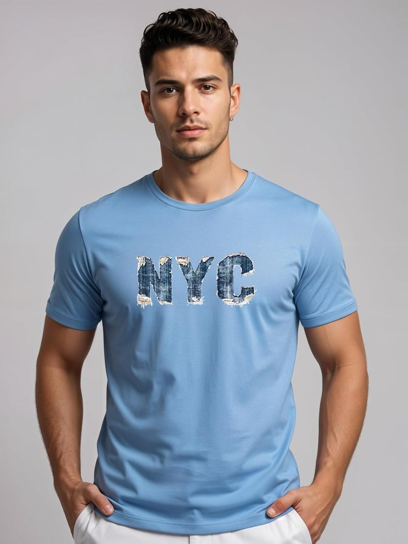 adro تي شيرت ADRO للرجال بقصة عادية بتصميم دنيم بنكهة نيويورك في اللون الأزرق السماوي - Image 2