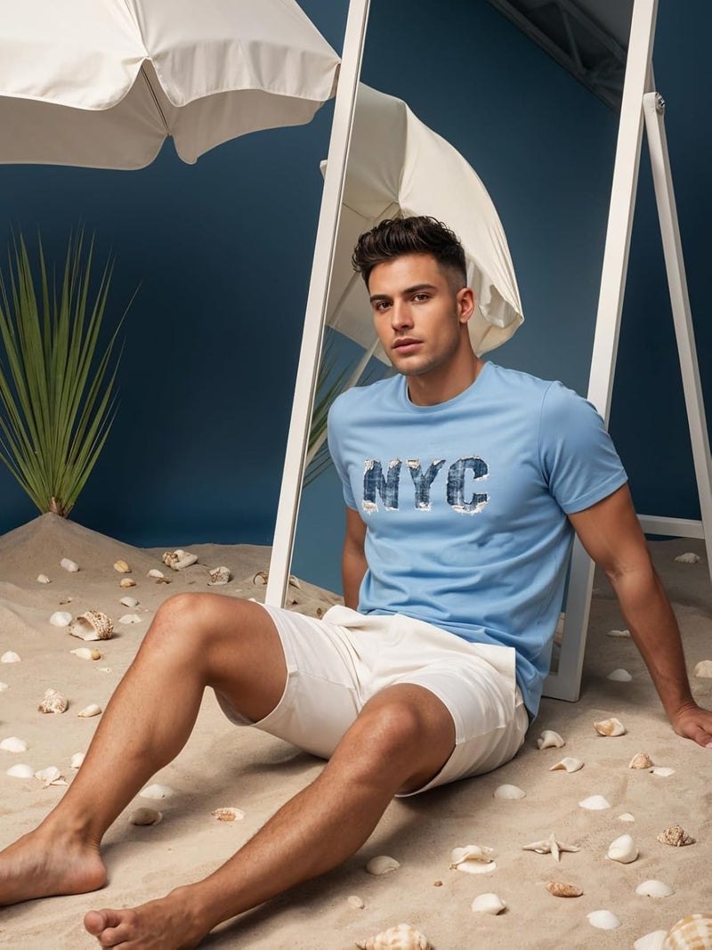 adro تي شيرت ADRO للرجال بقصة عادية بتصميم دنيم بنكهة نيويورك في اللون الأزرق السماوي - Image 5