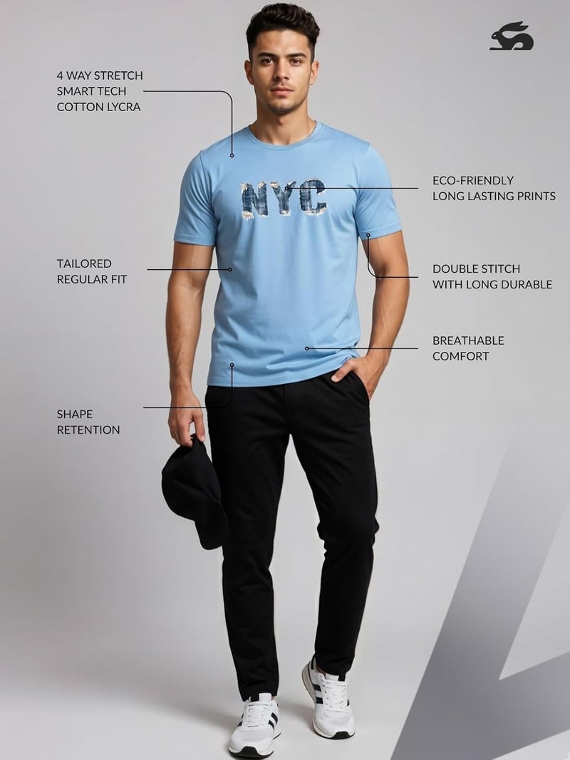 adro تي شيرت ADRO للرجال بقصة عادية بتصميم دنيم بنكهة نيويورك في اللون الأزرق السماوي - Image 3