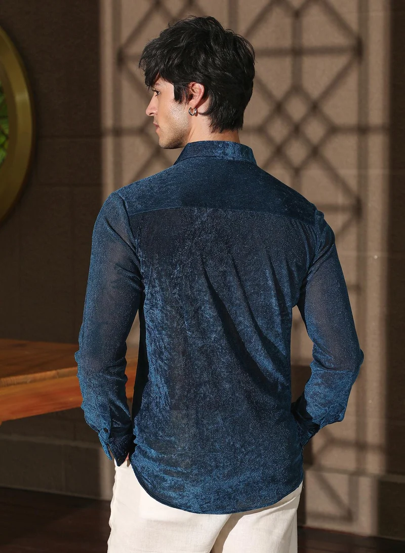 Campus Sutra Campus Sutra Men's Midnight Blue Solid Velvet Shirt For Casual Wear | Spread Collar | Long Sleeve | Button Closure | Shirt Crafted With Comfort Fit For Everyday Wear