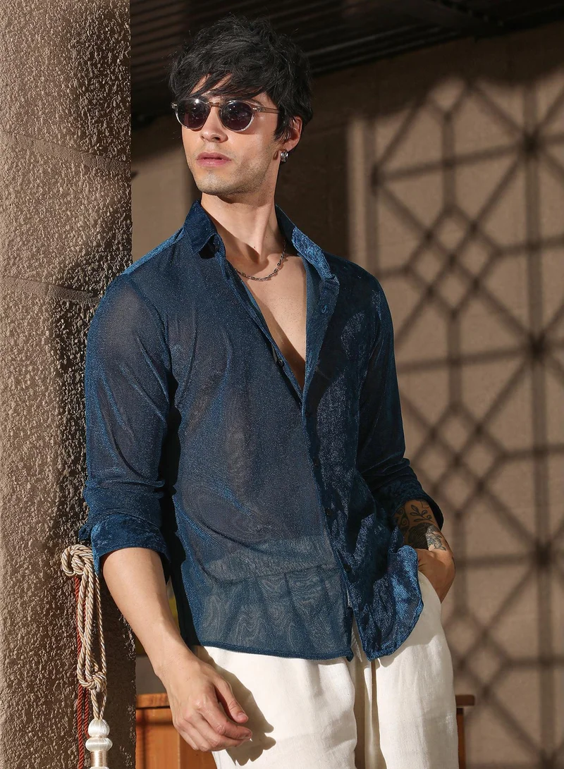 Campus Sutra Campus Sutra Men's Midnight Blue Solid Velvet Shirt For Casual Wear | Spread Collar | Long Sleeve | Button Closure | Shirt Crafted With Comfort Fit For Everyday Wear