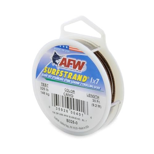 AFW American Fishing Wire Surfstrand, Bare 1x7 Stainless Steel Leader Wire, 325 lb Test, 0.045" Diameter, Camo, 30 ft - Image 1