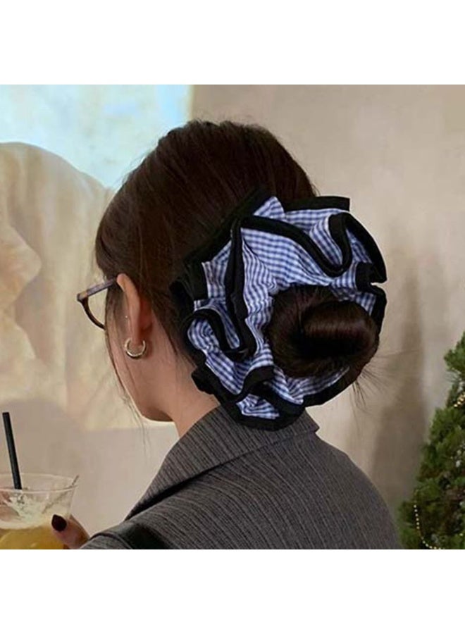 عبوة من 2 ربطة شعر كبيرة مكشكشة بنقشة مربعات زرقاء مع حواف سوداء، إكسسوارات شعر نسائية - Image 2