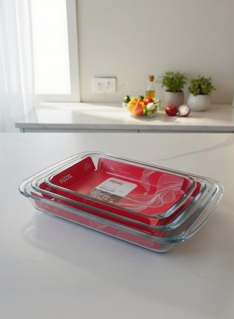 جوزيل طقم أطباق فرن زجاجية مستطيلة 3 قطع الأحجام: صغير 1.6 لتر، متوسط 2.2 لتر، كبير 3.0 لتر - Image 1