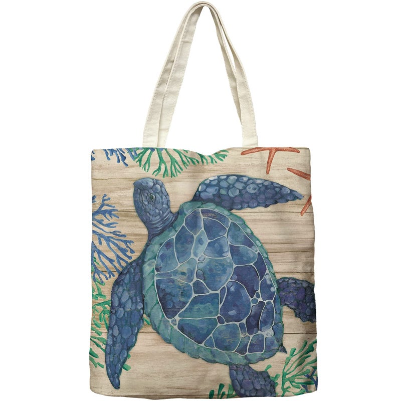 Dlzdn Sea Turtle Canvas Tote Bag For Women Aesthetic Ocean Starfish Seaweed Vintage Tote Bag Shopping Grocery Bag Beach Bag Gifts for Women Teacher Reusable Bag