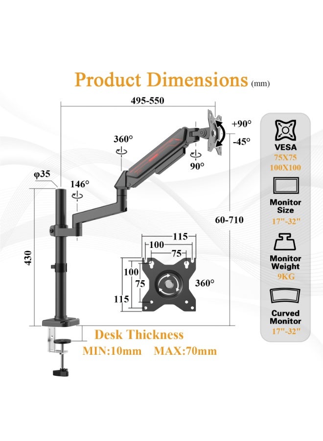 ETHU PC Gas Spring Monitor Stand With Extention Arm for 13-32 Inch Screens, VESA 75x75/100x100mm, 2-Way Assembling Clamp/Grommet, 2-9kg Capacity, Ergonomic Multi-Angle Adjustment Single Arm, Black - Image 2