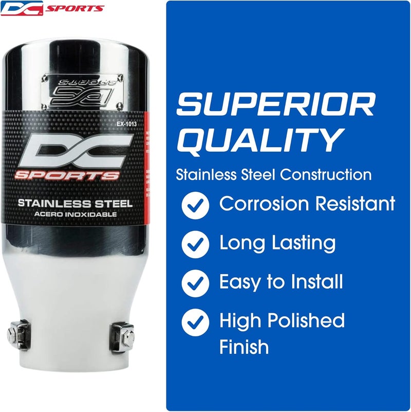 DC Sports EX-1013 Performance Bolt-On Resonated Muffler Slant Exhaust Tip with Clamps and Adapters for Universal Fitment on Most Cars, Sedans, and Trucks - Polished Stainless Steel - Image 5
