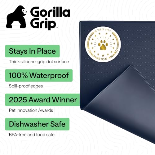 GORILLA GRIP 100 Waterproof Raised Edge BPA Free Silicone Pet Feeding Mat Dog Cat Food Mats Contain Spills Protects Floors Placemats for Cats and Dogs Water Bowl Pets Accessories 185x115 Navy - Image 3