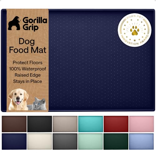 GORILLA GRIP 100 Waterproof Raised Edge BPA Free Silicone Pet Feeding Mat Dog Cat Food Mats Contain Spills Protects Floors Placemats for Cats and Dogs Water Bowl Pets Accessories 185x115 Navy - Image 1