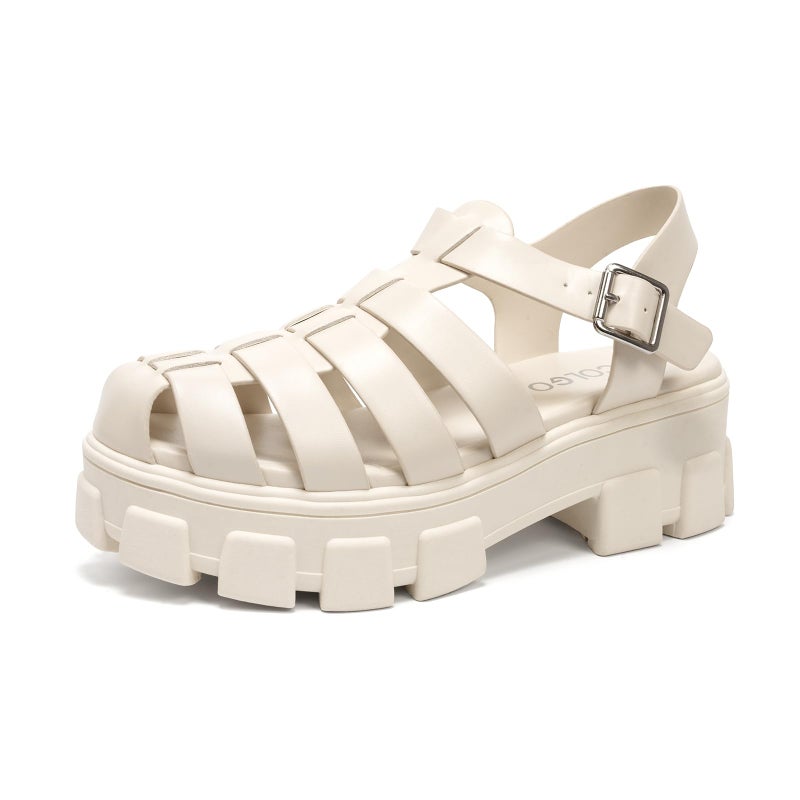 Colgo Womens Platform Wedge Sandals Chunky Block Heeled Adjustable Buckle Fisherman Sandals for Summer(Beige, 10) - Image 1
