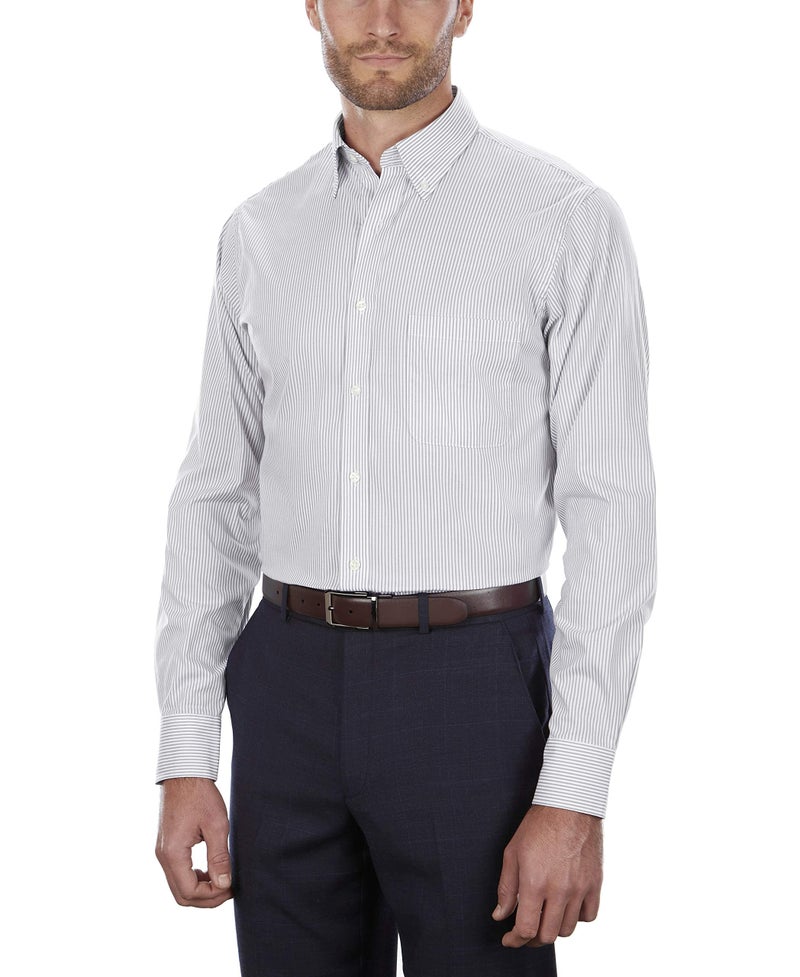Van Heusen قميص رسمي للرجال من فان هيوزن بتصميم عادي بخطوط دقيقة، رمادي مثلج، 17" عنق 36"-37" كم - Image 1